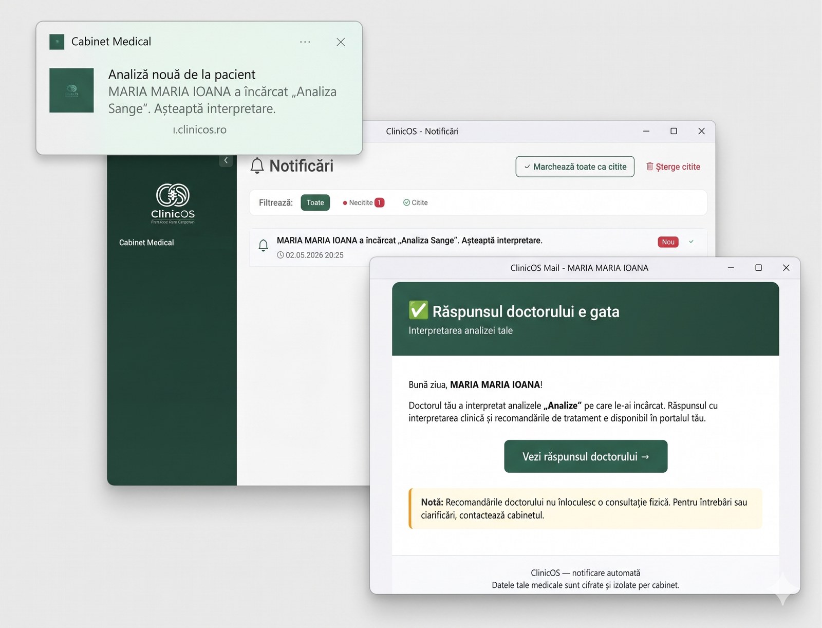 Notificare instant doctor — push + email + badge sidebar la upload pacient