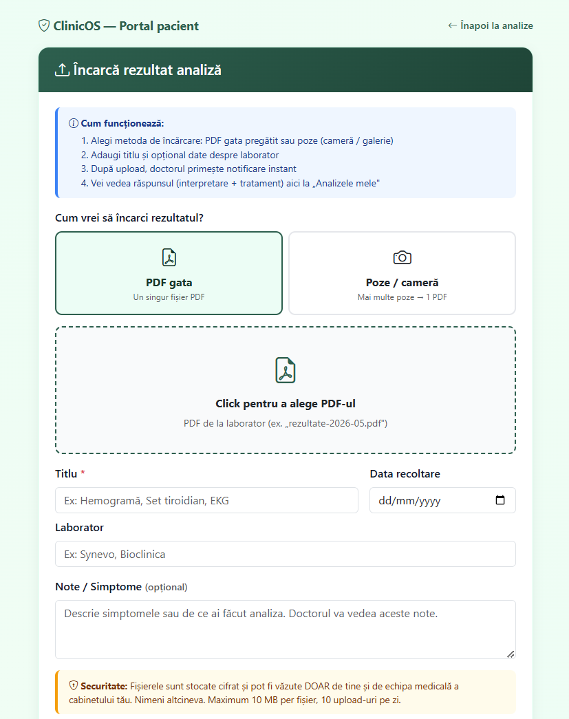 Pacient încarcă analize din portal — camera mobile + multi-page → PDF auto